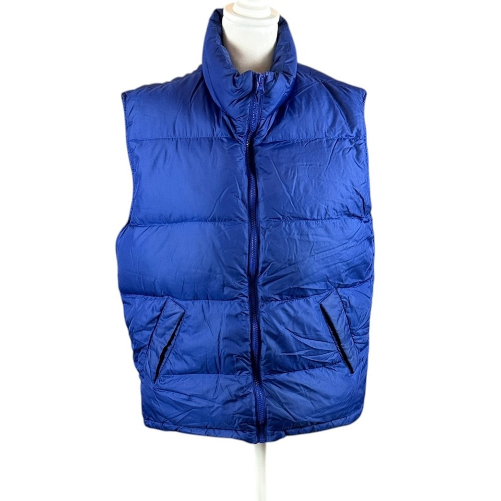 Vintage Lands' End Puffer Vest Women Medium Blue Yellow Reversible Quilted Zip